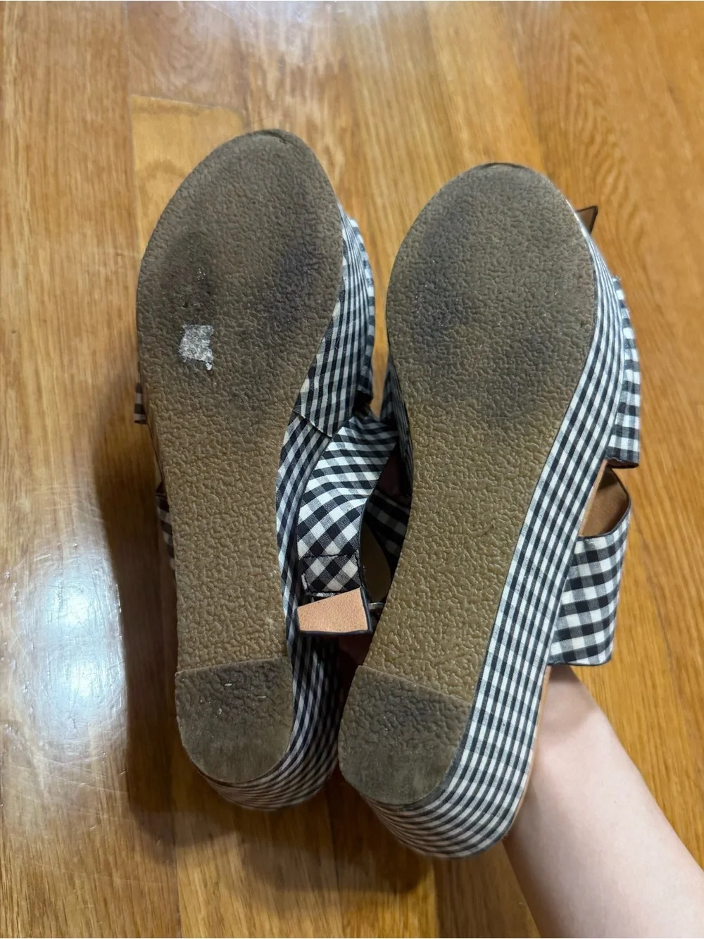 Gingham black white platform wedge heels with buckle strap sandals (size 6)